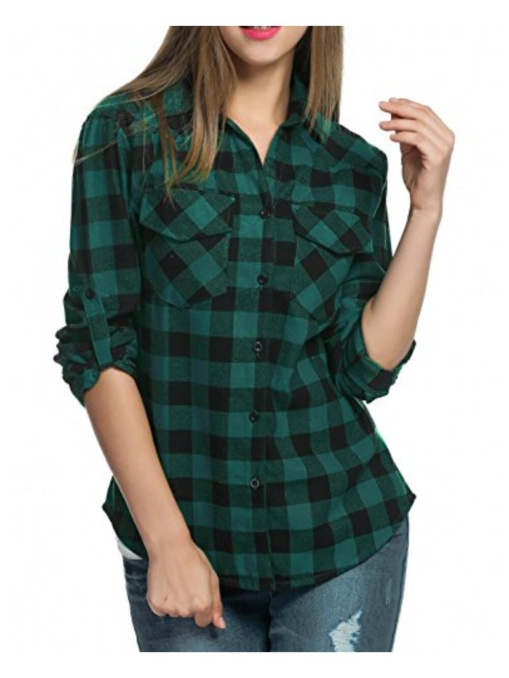 Women Cuffed Long Sleeve Button Down Plaid Flannel Shirt Cotton Spandex